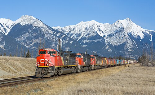 Freight train between Hinton and Jasper, Canada.