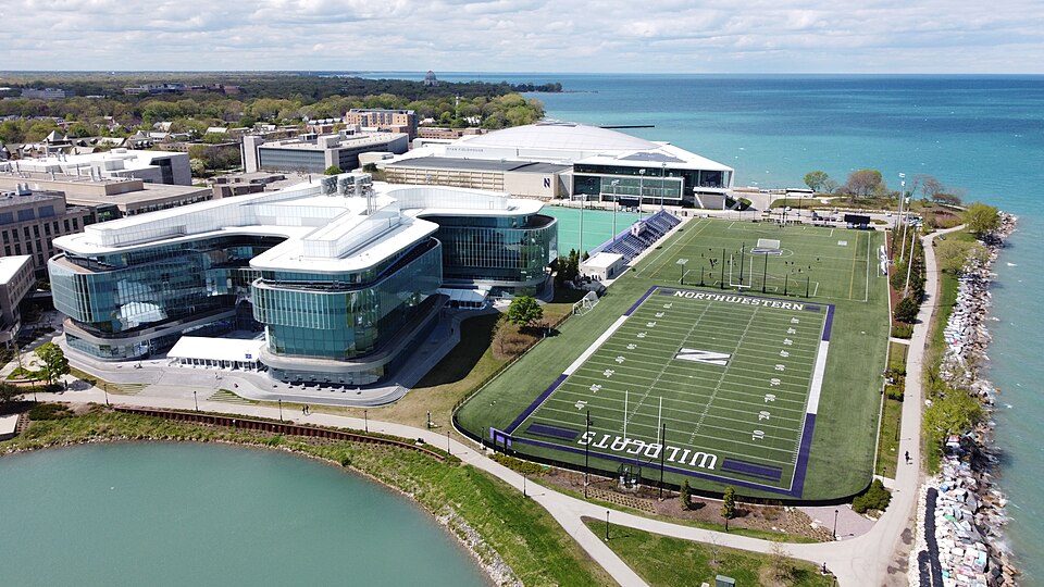File:Northwestern Lakeshore with athletics facilities and Kellog Global Hub, photographed from above on May 7, 2021.jpg