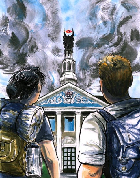 Two MBA applicants with backpacks stand before Harvard Business School, a grand building with a dark tower shrouded in swirling clouds. The scene conveys mystery and tension.